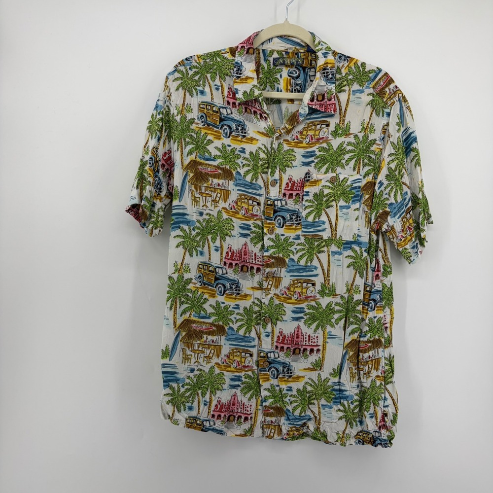 Campia Mens Large Multicolor Hawaiian Shirt Rayon Tropical Woody Car Palm Tree